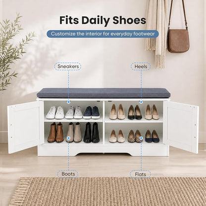NEWBULIG Shoe Storage Bench for Entryway with Cushion, 39.4IN, White | Shoe Organizer Cabinet with Padded Cushion and Doors, Adjustable Shelves, Shoes Bench for Hallway, Mudroom, Bedroom