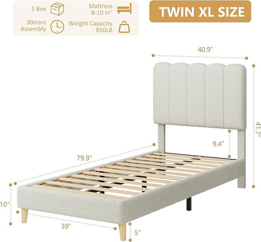 GarveeHome Twin XL Bed Frame, Upholstered Platform Bed with Wave Headboard for Girls/Kids, Easy Assembly, Wooden Slats Support, No Box Spring Needed, Boucle Beige