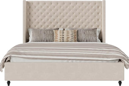 Jocisland King Size Bed Frame with 65" Tall Headboard, Upholstered Wingback Platform Design, Handcrafted Pleats & Deep Button Tufted, Solid Wood Legs, No Box Spring Needed, Cream