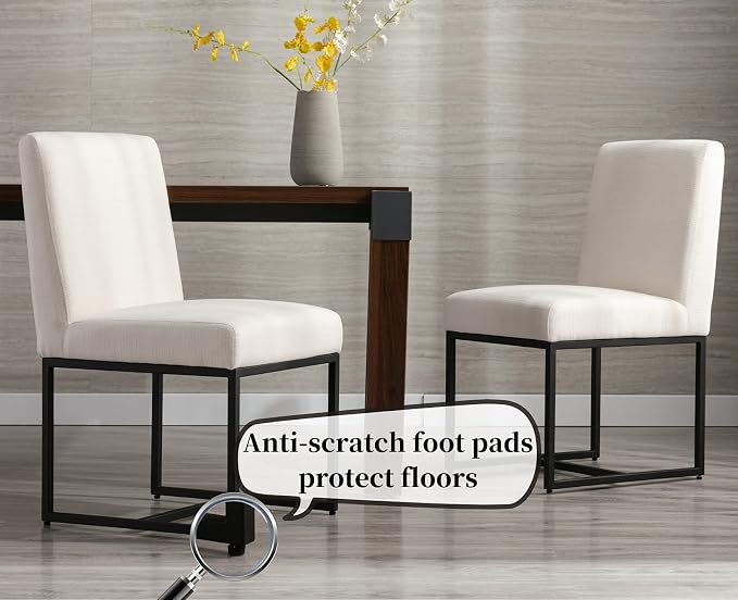CIMOTA Modern Linen Dining Chair Set of 4, Mid Century Dining Room Chairs Fabric Upholstered Armless Side Chair with Black Sled Base for Dining Room, White Cream 4PCS
