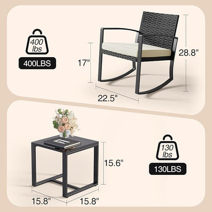 Qsun 3 Pieces Porch Furniture Set Patio Rocking Bistro Set Outdoor Patio Chairs Rattan Conversation Sets with Coffee Table for Front Porch Garden Balcony Backyard Poolside (Beige Cushion)