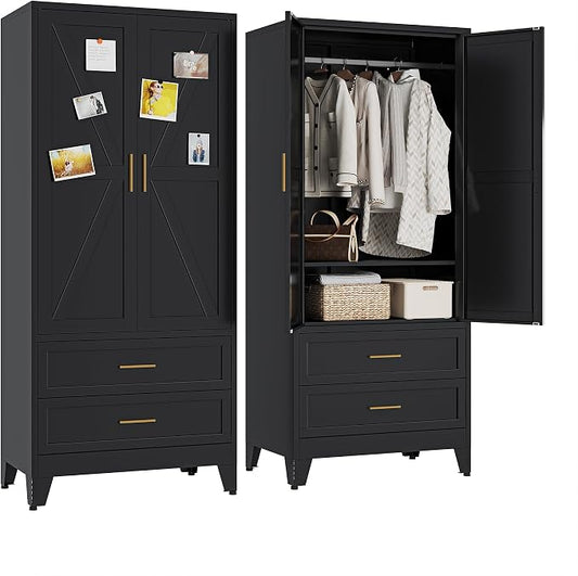 Metal Wardrobe Closet Cabinet with Drawers,71" H Large Bedroom Armoires with Shelves and Hanging Rod,Wardrobe Storage Cabinet with 2 Doors, 1 Adjustable Shelf and Drawers (2Drawer, Black)