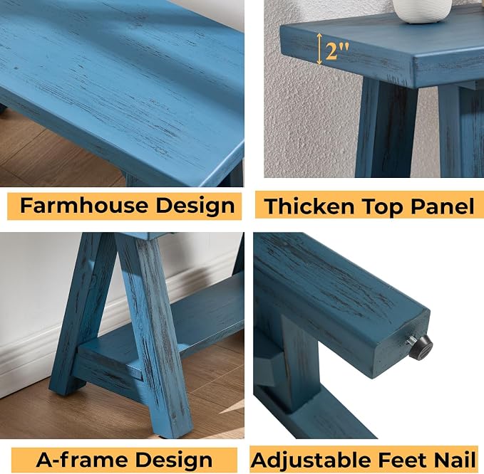 Farmhouse Wood Bench, Rustic Indoor Storage Bench Solid Wood Entryway Bench with Shoe Storage 2-Tier Narrow Bench Seat Indoor for Entryway, Living Room, Dining Room, Hallway, Blue
