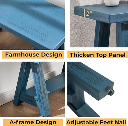 Farmhouse Wood Bench, Rustic Indoor Storage Bench Solid Wood Entryway Bench with Shoe Storage 2-Tier Narrow Bench Seat Indoor for Entryway, Living Room, Dining Room, Hallway, Blue
