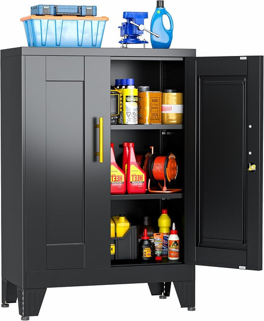 Metal Tool Storage Cabinet with Lock Doors and Adjustable Shelves, Small Locking Garage Storage Cabinet, Black Steel Tool Cabinets with Leveling Feet for Garage, Basement, Office, Utility Room