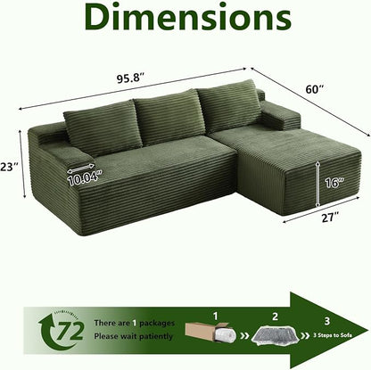 96" Modular Sectional Sofa, Modern Corduroy Cloud Couch, Boneless Couch Upholstered 3-Seater L-Shaped Sofa for Living Room, No Assembly Required (Green, Right-Facing Chaise)