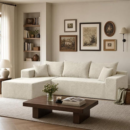 Boneless Couch, 102.4" Sectional Couches for Living Room with L Shape Sofa | Cloud Couch Sectional with Chaise, Modular Cloud Sofa with Deep Seat, No Assembly, Beige, Corduroy, Left Chaise