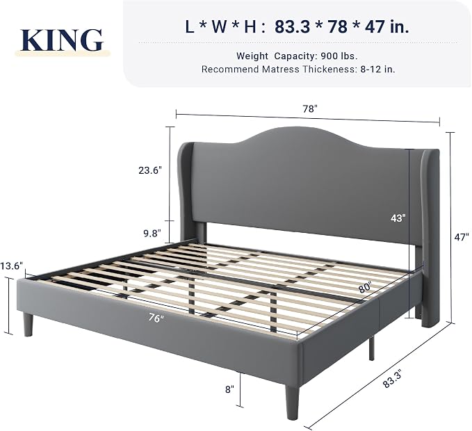 Allewie King Size Bed Frame, Upholstered Wingback Platform with 47" Tall Tufted Headboard, Plush Velvet Fabric, Modern Minimalist Design, No Box Spring Required, Tool-Free Assembly, Grey