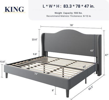 Allewie King Size Bed Frame, Upholstered Wingback Platform with 47" Tall Tufted Headboard, Plush Velvet Fabric, Modern Minimalist Design, No Box Spring Required, Tool-Free Assembly, Grey