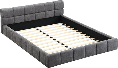Merax Queen Size Elegant Chenille Upholstered Platform Bed with Thick Headboard and Footboard, Checkerboard Design Upholstery Grounded Bed Frame, Gray