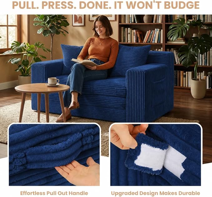 Boneless Loveseat Sofa Bed, Tri-Folding Convertible Futon Sleeper with Handle & Side Pockets, 54'' Boneless Couch with Hook and Loop No Assembly for Small Space,Living Room & Bedroom