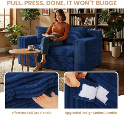Boneless Loveseat Sofa Bed, Tri-Folding Convertible Futon Sleeper with Handle & Side Pockets, 54'' Boneless Couch with Hook and Loop No Assembly for Small Space,Living Room & Bedroom