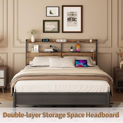 METYERRY Headboard for Queen Size Bed Frame with Storage, Height Adjustable, Headboards with Outlets, USB Ports, Type-C, LED Light, Sturdy and Stable Headboard, Black Oak,Bed Frame NOT Included