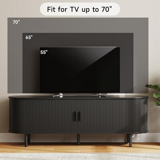 ONBRILL 63" TV Stand with Power Outlet for TVs up to 70 Inch, Entertainment Center with Storage and Adjustable Shelves, Modern Media Console with Sliding Doors for Living Room, Black