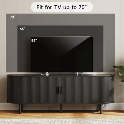 ONBRILL 63" TV Stand with Power Outlet for TVs up to 70 Inch, Entertainment Center with Storage and Adjustable Shelves, Modern Media Console with Sliding Doors for Living Room, Black