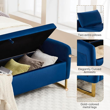 65" Storage Bench for Bedroom, Velvet End of Bed Bench, King Size Bed Benches for Foot with Tufted Button and Gold Legs, Upholstered Window Ottoman Benches with Armrests, Navy Blue