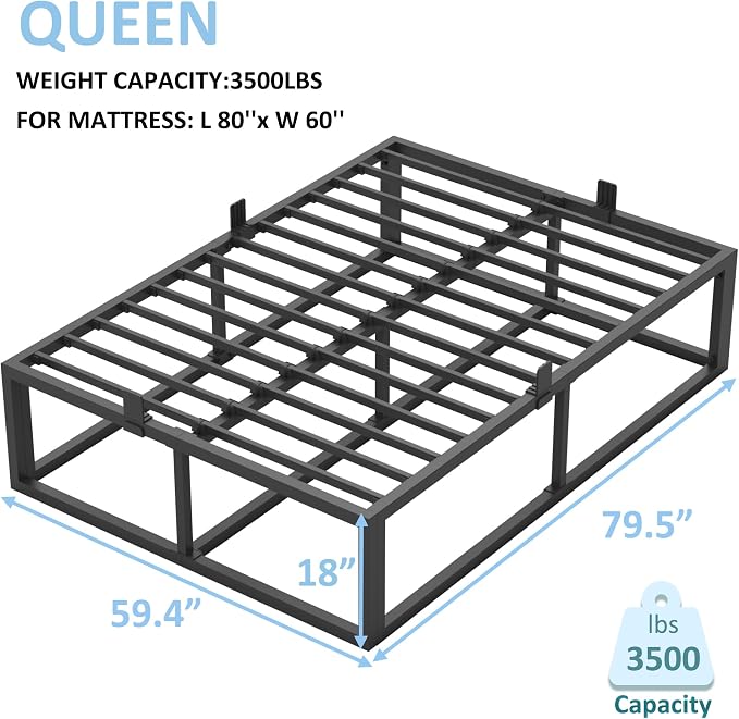 Bilily 18 Inch Queen Bed Frame with Steel Slat Support,Heavy Duty Metal Platform Bed Frame Queen Size Mattress Foundation,No Box Spring Needed,Easy Assembly,Noise Free,Black