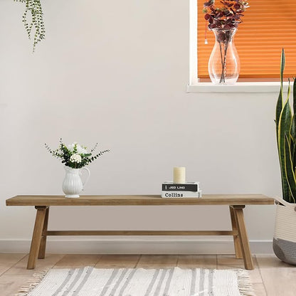 Wnutrees 63" Farmhouse Wood Bench, Rustic Solid Wood Dining Room & Entryway Bench Seat for Indoors, Easy Assembly, Natural