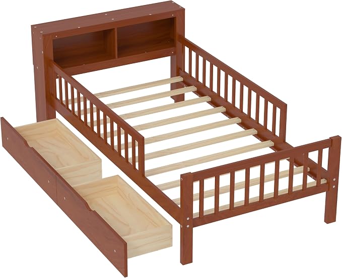 Kids Twin Size Bed Frame with Storage Drawers and Bookcase,Wood Twin Bed Frames for Kids,Twin Bed Frame with Headboard and Footboard for Boys Girls,No Box Spring Needed,Walnut