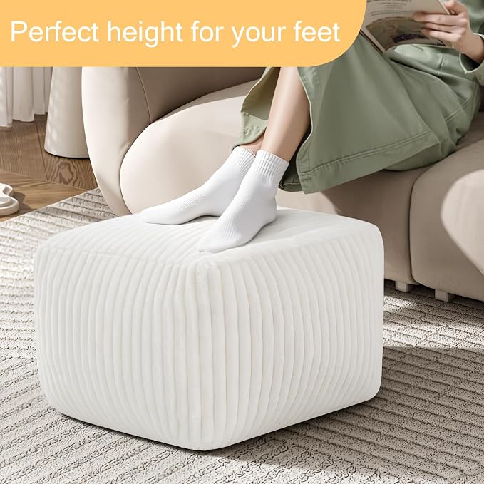MeMoreCool Square Stuffed Pouf Ottoman Foot Rest, Stripe Furry Floor Pouf Foot Stool with Foam Chunk Filling, Soft Fluffy Stuffed Ottoman Footrest for Living Room, Faux Fur Beige