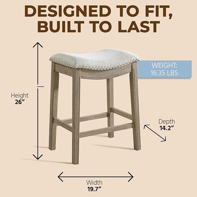 ROME + OAK Parker 26 Inch Counter Stool, Backless Saddle Kitchen Barstool in Reclaimed Oak Finish with Ash Grey Fabric Upholstery Cushion Seat