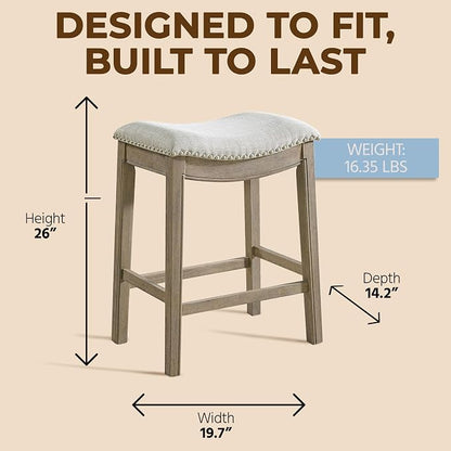 ROME + OAK Parker 26 Inch Counter Stool, Backless Saddle Kitchen Barstool in Reclaimed Oak Finish with Ash Grey Fabric Upholstery Cushion Seat
