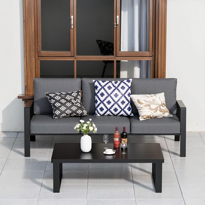 Outdoor Couch 3-Seat All-Weather Metal Outdoor Sofa Wite Outdoor Coffee Table (Black/Dark Grey, 3-Seat Sofa+ Coffee Table)
