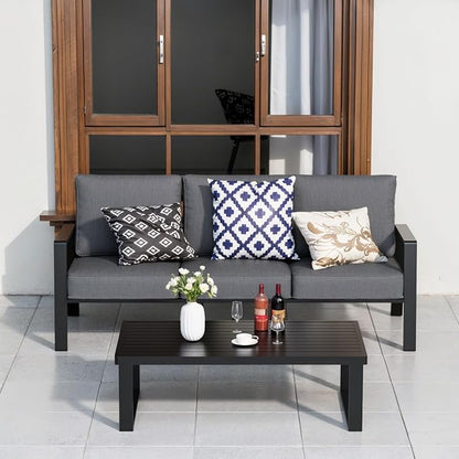 Outdoor Couch 3-Seat All-Weather Metal Outdoor Sofa Wite Outdoor Coffee Table (Black/Dark Grey, 3-Seat Sofa+ Coffee Table)