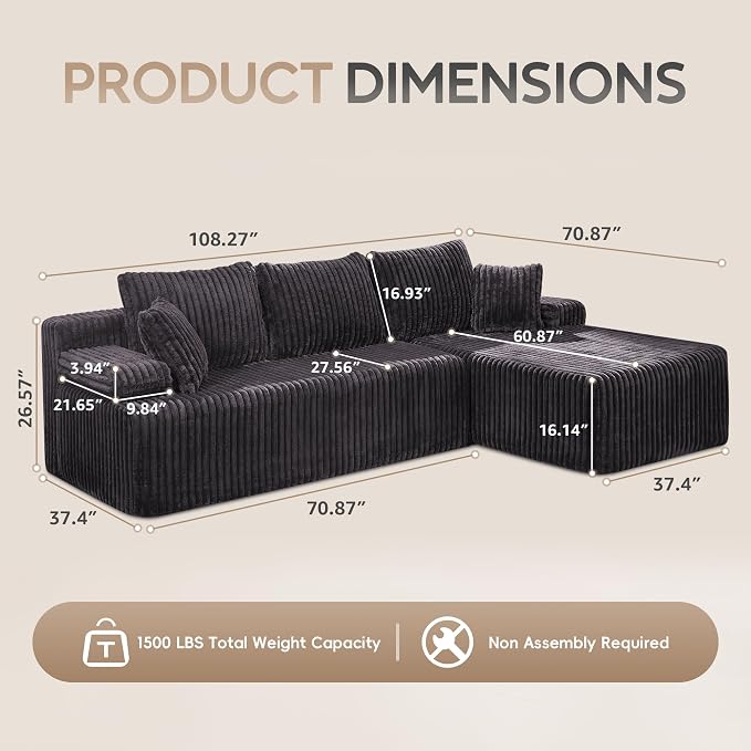 Hobestluk Boneless Couch Modular Sectional Sofa L-Shape Oversized Chaise | 108" Right Facing Chaise Black,Memory Foam,Removable Cover,Non-slip Bottom,No Assemble Required,Living Room Furniture