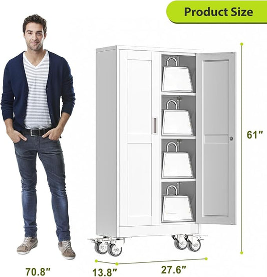 Metal Garage Storage Cabinet with Wheels, Rolling Storage Cabinet with Lock, Steel Cabinets with 2 Doors and 3 Adjustable Shelves for Garage, Home,Office, White