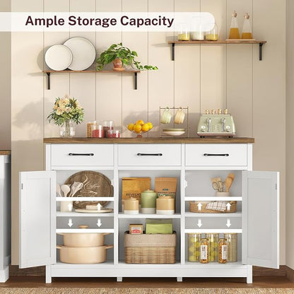 TEENFON Storage Cabinet, Coffee Bar Cabinet with 3 Drawers, 2 Adjustable Shelves & 2 Doors, Buffet Cabinet, Kitchen Cabinet for Kitchen, Dining Room, Living Room, White