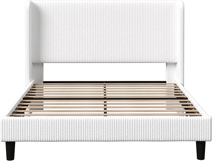 Allewie Full Size Bed Frame with Upholstered Wingback Headboard, Vertical Channel Tufted Corduroy Velvet Platform Bed, Strong Wooden Slats Support, No Box Spring Needed, Easy Assembly, Sturdy, White