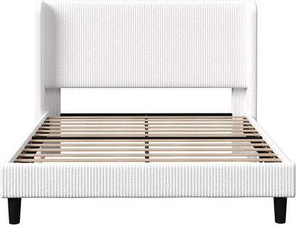 Allewie Full Size Bed Frame with Upholstered Wingback Headboard, Vertical Channel Tufted Corduroy Velvet Platform Bed, Strong Wooden Slats Support, No Box Spring Needed, Easy Assembly, Sturdy, White
