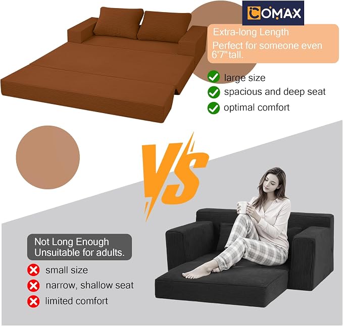 COMAX Futon Sofa Bed, Convertible Sofa Bed, Folding Boneless Couches | Boneless Couch for living room, 4‑in‑1 Fold Out Small Foldable Loveseat Floor Sleeper Mattress Lounge Space‑Saving