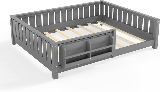 Bellemave Full Size Floor Bed with Slats and Guardrails, Full Size Montessori Floor Bed with Bookcase and Fence, Low Profile Montessori Beds for Kids, Gray Floor Beds Frame