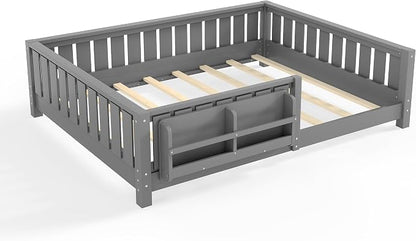 Bellemave Full Size Floor Bed with Slats and Guardrails, Full Size Montessori Floor Bed with Bookcase and Fence, Low Profile Montessori Beds for Kids, Gray Floor Beds Frame