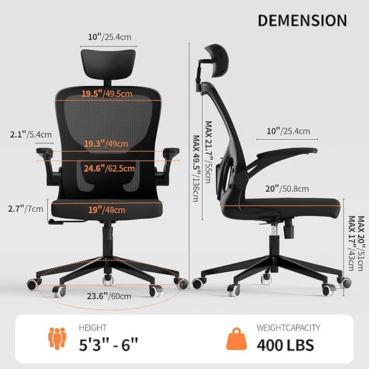 Monhey Office Chair Ergonomic Desk Chair with Lumbar Support&Headrest&Flip-up Arms Height Adjustable Rocking Swivel High Computer Chair Multi-Angle from 90° to 125° with 350LBS Capacity (03All Black)