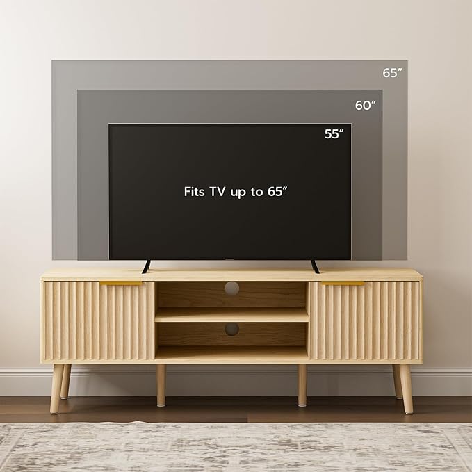 LCRBOL TV Stand with Fluted Doors for TVs up to 65", Modern, Natural | 54.3"W x 15.3"D x 19.6"H, 150 lbs capacity, 2 fluted door cabinets & 2 adjustable shelves, cable holes, 5 tapered legs.