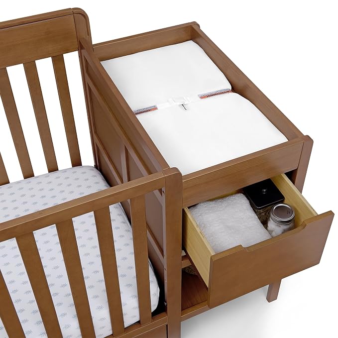Delta Children Maya 5-in-1 Convertible Crib and Changer with Storage, Converts to Toddler Bed, Daybed, Sofa & Full Bed, Greenguard Gold Certified, 3 Mattress Heights for Baby, Chestnut
