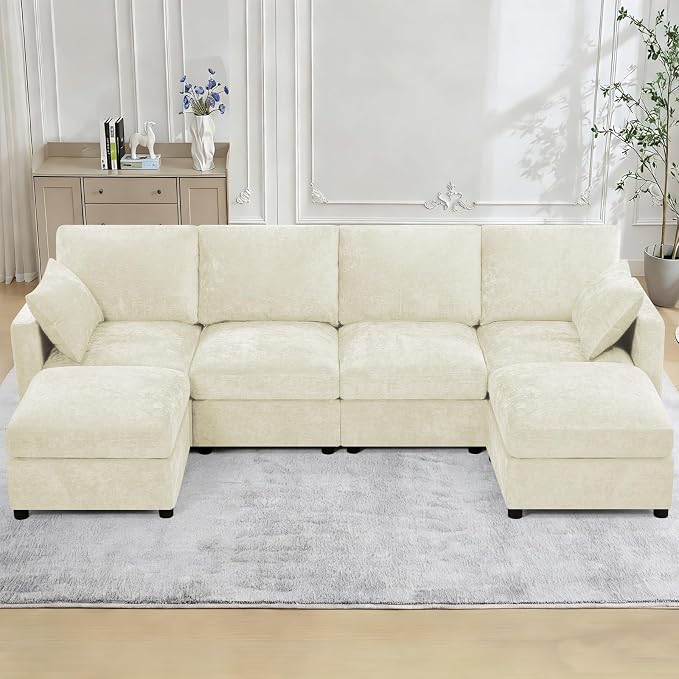 110” Chenille 4-Seats Sofa W/Two Movable Ottomans, Beige | Modern Fabric U-Shaped Couch w/Soft Backrests, Upholstered Sectional Sofa w/Arm Pillows for Living Room, Office