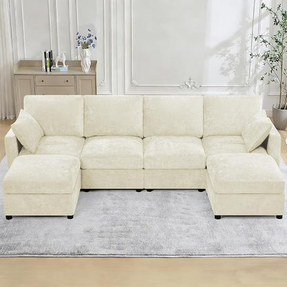 110” Chenille 4-Seats Sofa W/Two Movable Ottomans, Beige | Modern Fabric U-Shaped Couch w/Soft Backrests, Upholstered Sectional Sofa w/Arm Pillows for Living Room, Office