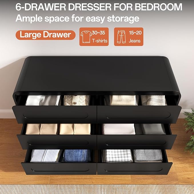 3 Piece Bedroom Set, Dresser and Nightstand Sets for Bedroom | Wood 6 Drawer Dresser & Night Stand Set of 2, Wide Chest of Drawers Modern Storage Cabinet Bedroom Furniture Set, Black