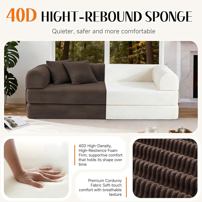 78.8" Memory Foam Boneless Couch, Corduroy Floor Sofa Bed, Convertible Sleeper Futon Loveseat, Wide Armrests & Back Support, Supports Up to 1200 lbs, Couch in a Box with 2 Pillows, Brown