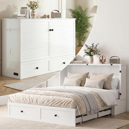 Mjkone 63" W Queen Size Murphy Bed Cabinet with Mattress & USB Charging Station, Modern Guest Beds Chest Cabinet Bed with Storage Drawer for Bedroom Home Apartment, White