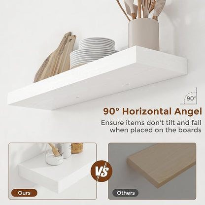 Heimlove 32 Inch Floating Shelves for Wall White Shelves Set of 2,Wall Mounted Rustic Wood 8 Inch Deep Floating Shelf with Invisible Brackets for Bedroom Kitchen Living Room