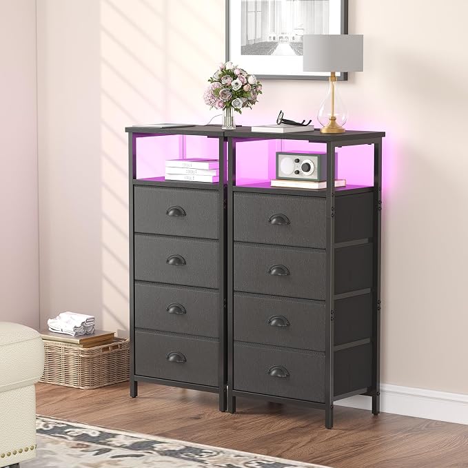 sthmec Nightstand with Charging Station,LED Black Nightstand with 4 Fabric Drawers PU Finish, Bedside End Tables, 2-Tier Open Storage Shelf Side Table Nightstand with Drawers for Bedroom,Black