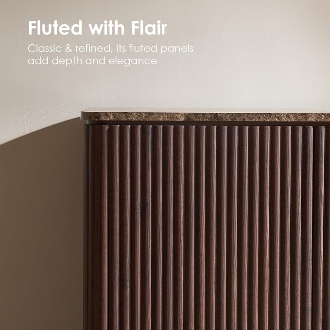 Fluted 2 Doors Sideboard Cabinet with Storage, 34" Wooden Credenza with Shelves, Faux Marble-Top Coffee Bar Console Table, Modern Buffet Cabinet for Dining, Kitchen, Living Room, Entryway, Dark Oak