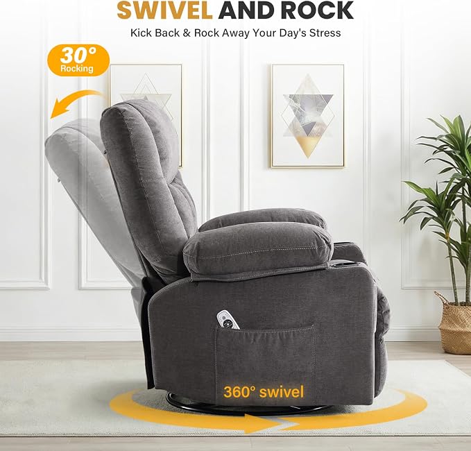Swivel Recliner Chair for Adults with Vibration Massage and Lumbar Heat , Oversized Ergonomic Rocking Chair for Living Room and Bedroom, Featuring Side Pocket, 2 Cup Holders & USB Charge Port