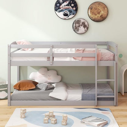 Giantex Twin Low Bunk Bed, Solid Wood Twin Over Twin Bunk Bed Frame with Full Guardrails & Integrated Ladder, Floor Twin Bunk Beds for Kids Boys and Girls, No Box Spring Needed, Grey