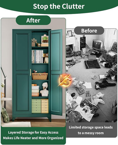 75" Tall Metal Storage Cabinet with 2 Doors and 4 Adjustable Shelves, Heavy Duty Steel Pantry Cabinet for Home Office, Kitchen, Garage and Laundry Room, Green